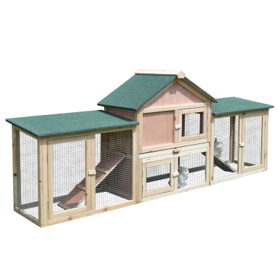 PawHut Coelheira de Exterior Grande Gaiola de Madeira para 2-4 Coelhos com Teto Asfáltico Recinto de Arame Bandeja Removível e Rampas 210x45,5x84,5cm Natural