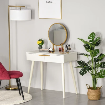 HOMCOM Toucador com Espelho Redondo Mesa de Maquilhagem com 2 Gavetas Estilo Moderno para Dormitório 80x40x123cm Branco