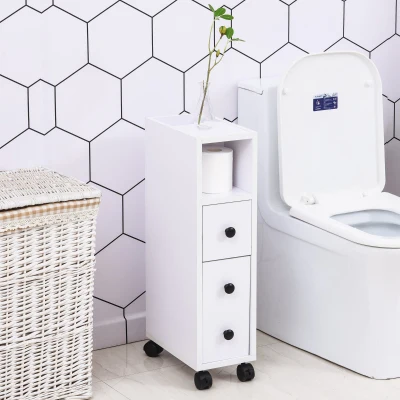 Kleankin Armário de Casa de Banho Móvel Auxiliar para Espaço Reduzido com Rodas Prateleiras Abertas Armário e Gaveta 18x30x68,5cm Branco
