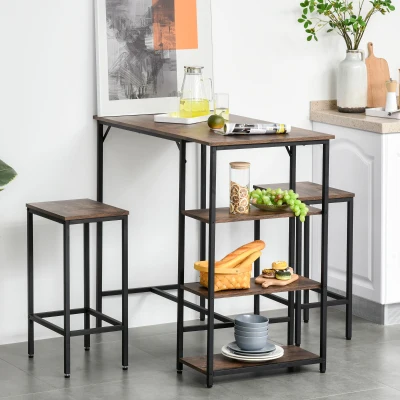HOMCOM Conjunto de mesa de bar e 2 bancos com apoio para os pés e prateleiras de 3 níveis 109x60x100 cm marrom rústico