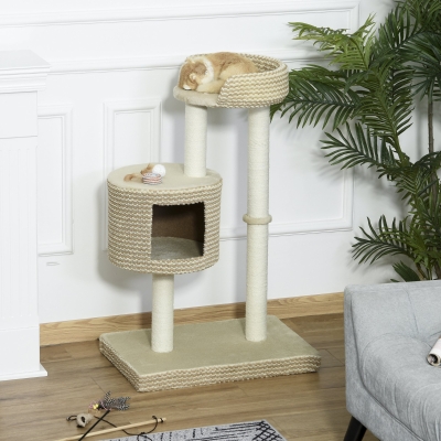 PawHut Árvore para gatos com Caverna de Pelúcia Postes de juta Plataforma confortável 61x41x96 cm Bege e Café