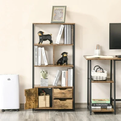 HOMCOM Estante para Livros com Armário e 2 Gavetas de Armazenamento Estante Estilo Industrial para Escritório Sala de Estar 58x24x122cm Marrom Rústico