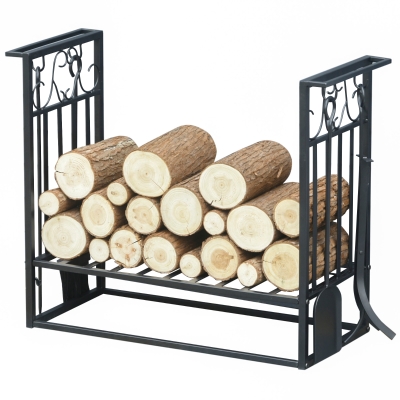 HOMCOM Suporte para Lenhas 75x30x60cm Porta Lenha com Desenho Vintage com 4 Ferramentas Base Elevada Carga Máxima 100kg Aço Preto