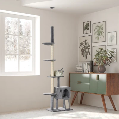 PawHut Árvore Arranhador para Gatos para Fixar ao Teto Altura Ajustável 238-270cm com Rede Caverna Rampa Bola pendurada 60x40x270cm Cinza Claro