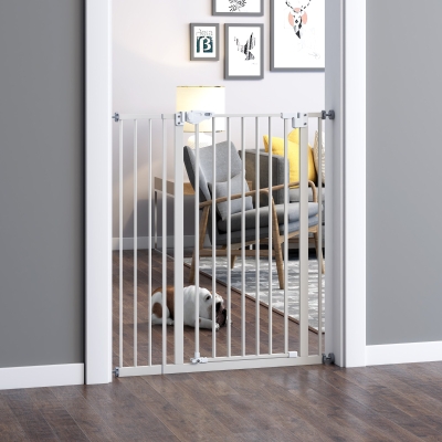 PawHut Barreira de Segurança para Portas e Escadas Barreira para Animais de Estimação com Fechadura Automática Extensível 17,5cm Metal 74-80/91,5-97,5x104,1cm Branco