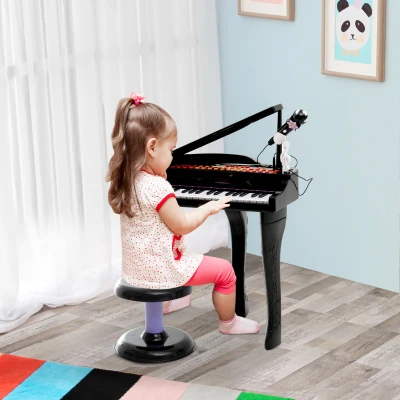 HOMCOM Piano para Crianças com 37 Teclas Microfone Banco Luzes 22 Músicas e Entrada para MP3 e USB 48x39x69 cm Preto