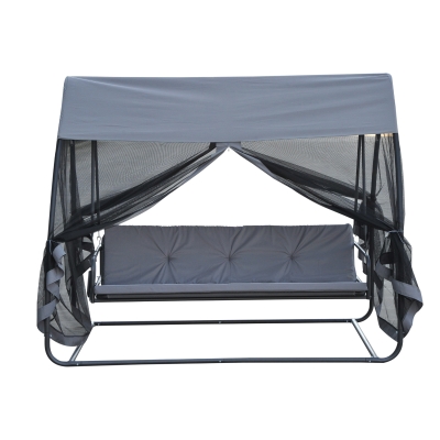 Outsunny Baloiço Cadeira de Balanço de 3 Lugares Conversível em Cama com Mosquiteira e Bolsa de Armazenamento para jardím Terraço e Pátio Material Aço Carga máx. 300kg - Cor Cinza - 240x140x197cm