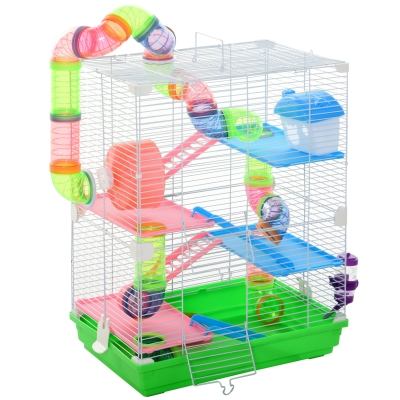 PawHut Gaiola para Hamster com 5 Plantas Escada Alimentador Bebedor Roda e Túnel 46x30x58cm Verde e Branco