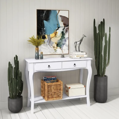 HOMCOM Mesa Tipo Consola para Sala de Estar Consola para Entrada com 2 Gavetas e Prateleira Inferior 100x33x75cm Branco