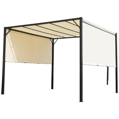 Outsunny Pérgola 3x3 Pérgola com Teto Retrátil e Parede Lateral Versátil para Jardim pátio Terraço e Tecido de Poliéster Creme e Preto
