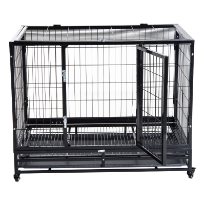 PawHut Gaiola de Metal para Cães com Rodas e Freios Bandeja Removível e Porta com Trava para Golden Retriver Labrador 92x62x75cm Preto