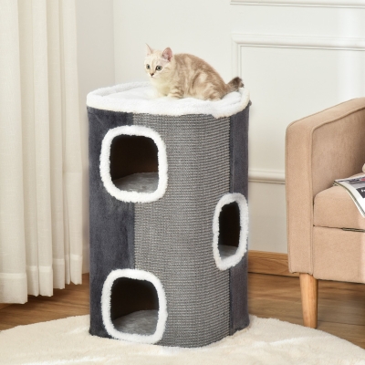 PawHut Arranhador em Forma de Cilindro para Gatos com 3 Cavernas de Sisal e Pelúcia Plataforma de Velo 40x40x74cm Cinza