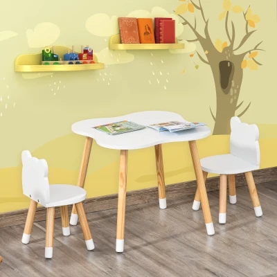 HOMCOM Conjunto Infantil de Mesa e 2 Cadeiras de Madeira Móveis Infantil para Sala de Jogos Dormitório de Crianças Mesa 56x56x50cm e Cadeira 28x25x46cm Branco