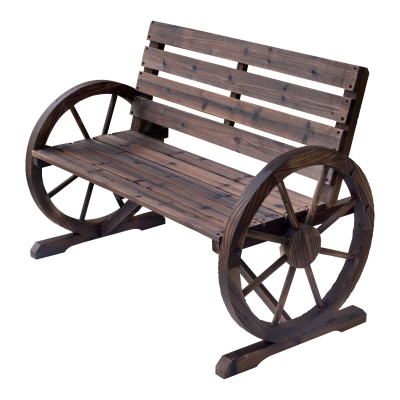 Outsunny Banco de madeira ao ar livre com apoio de braços em forma de roda Vista envelhecida para varanda Terraço 105,5x56x75 cm Marrom rústico