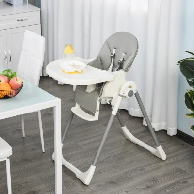 HOMCOM Cadeira de refeição ajustável e dobrável para bebê acima de 6 meses com bandeja dupla 55x80x104 cm Cinza