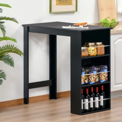 HOMCOM Mesa Bar de Bistrô com 3 Prateleiras com Suporte Estilo Moderno para Cozinha Sala de Estar Estrutura de Melamina 112x57x106cm Preto