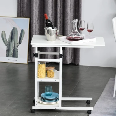 HOMCOM Mesa Lateral para Sofá Mesa lateral em Forma de C com 4 rodas Giratórias Freios Altura Ajustável 3 níveis Estrutura Metálica 80x40x72-82cm Branco