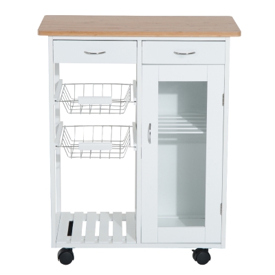 HOMCOM Carrinho de Cozinha de madeira com porta de vidro e 2 prateleiras e 4 rodinhas Branco 70x37x85 cm