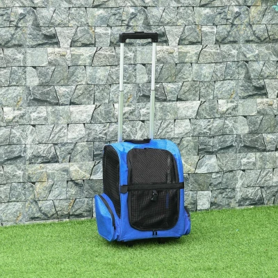 PawHut Transportadora para Animais de Estimação 2 em 1 Mochila de Viagem com 2 Rodas para Cães Gatos com Alça Retrátil de Alumínio e Bolso de Armazenamento 42x25x55cm Azul