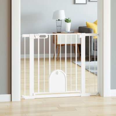 PawHut Barreira de Segurança de Cães Animais de Estimação para Escadas e Portas 75-103cm com 2 Extensões Fechamento Automático e Sistema de Duplo Bloqueio Aço Branco