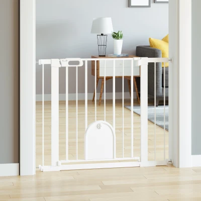 PawHut Barreira de Segurança de Cães Animais de Estimação para Escadas e Portas 75-103cm com 2 Extensões Fechamento Automático e Sistema de Duplo Bloqueio Aço Branco