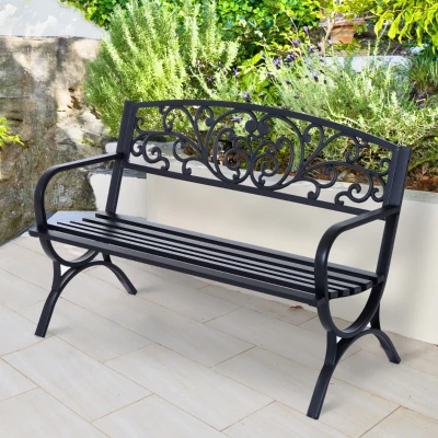 Outsunny Banco de jardim de 2 lugares Banco de terraço de ferro com design clássico 127x60x85cm Preto