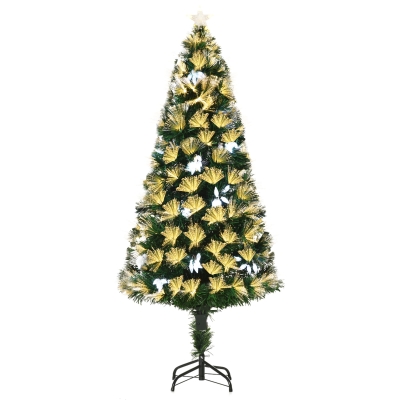 HOMCOM Árvore de Natal 150cm Artificial Luminoso com 170 Fibras de Óptica de Luzes LED 8 Modos Brilhantes 120 Contas Brancas e 170 Ramos Decoração de Natal para Interiores Ø70x150cm Verde