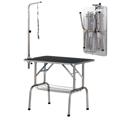 PawHut Mesa de tosquia para Animais de Estimação dobrável com pés de aço inoxidável Estante de armazenamento carga 150kg 90x60x75 cm