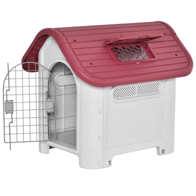 PawHut Casota para Cães com Porta Removível Base Elevada 3 Respiradouros e Janela Casota de Cães para Interior e Exterior 59x75x66cm Cinza e Vermelho