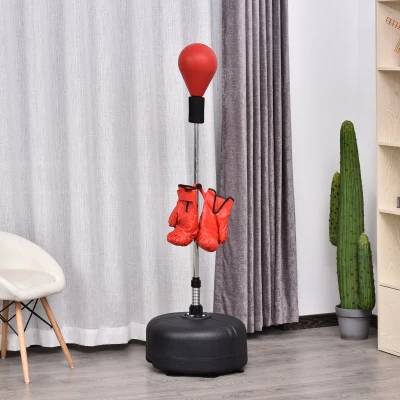 HOMCOM Punching Ball Ajustável em Altura com Base Recarregável Punching Ball de Boxe com Suporte e Luvas Ø48x136-154 cm Vermelho