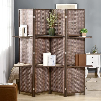 HOMCOM Biombo de 4 Painéis de Bambu Separador de Ambientes Dobrável com 2 Prateleiras Removíveis para Dormitório 180x180cm Marrom