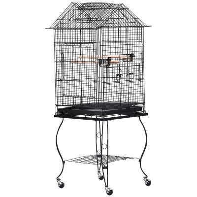 PawHut Gaiola com suporte rodas Freios Bandeja Removível 2 alimentadores e Prateleira inferior de metal 51x51x135 cm preto