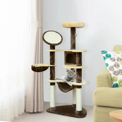 PawHut Árvore Arranhador para Gatos Grande Altura 153cm Torre de Escalada para Gatos com Caverna Redes Plataformas Postes Arranhadores de Sisal e Bola Suspensa Marrom e Bege