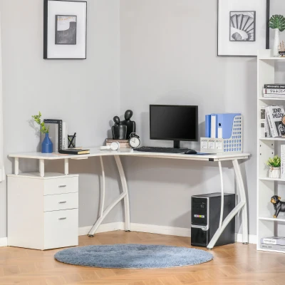 HOMCOM Secretária de Canto para Computador Secretária em Forma de L com 3 Gavetas Moderna para Escritório 143,5x143,5x76cm Branco