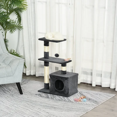 PawHut Arranhador para Gatos 50x30x81,5 cm Centro de Atividades para Gatos com Poste de Sisal Plataformas e Caverna Cinza