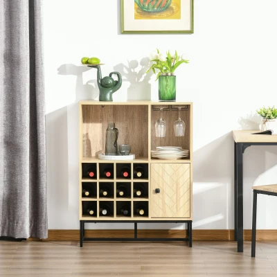 HOMCOM Aparador de Cozinha Armário com 1 Porta Prateleiras Abertas Suporte para 12 Garrafas e 6 Taças de Vinho para Sala de Jantar Bar Restaurante 76x35x97cm Madeira Natural