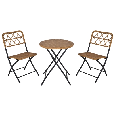 Outsunny Conjunto de mesa e 2 cadeiras dobráveis de vime para jardim Estrutura de aço Φ60x71 cm e 46x56x83 cm Madeira natural