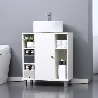 Kleankin Armário Casa de Banho Móvel para Lavatório de Madeira com 5 Compartimentos Abertos 1 Porta Desenho Compacto Moderno 60x30x68cm Branco