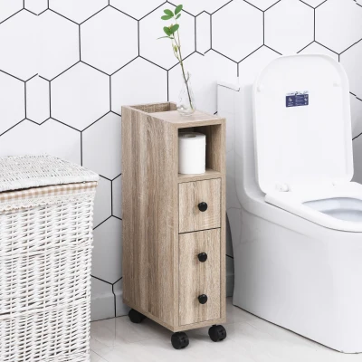 kleankin Armário de Casa de Banho para Espaço Reduzido com Rodas Prateleiras Abertas Armário e Gaveta 18x30x68,5 cm Madeira