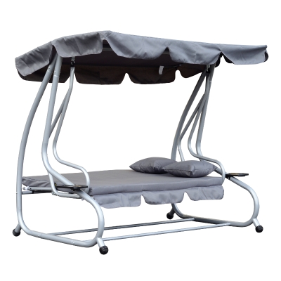 Outsunny Banco de Baloiço Jardim 3 Lugares Convertível em Cama Toldo, Guarda-sol Regulável Suporte para Bebida Varanda Sacada Exterior 340kg 200x120x164 cm Aço Cinzento