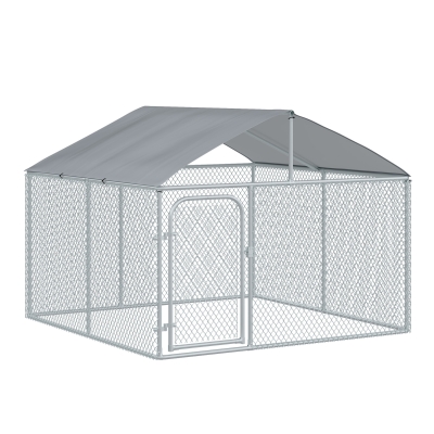 PawHut Canil de Exterior com Toldo Gaiola para Animais de Estimação de Metal Galvanizado com Fechadura para Jardim Pátio 230x230x172cm Prata