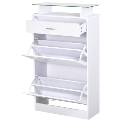 HOMCOM Móvel Sapateiro de 2 Portas Sapateiro Estreito para 12 Pares de Sapatos com Gaveta Prateleira Aberta e Bancada de Vidro para Corredor Entrada Carga Máx. 50kg 60x24x105,5cm Branco