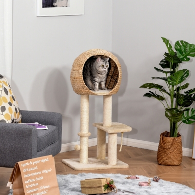 PawHut Árvore arranhador para gatos Torre de escalada com plataformas caverna corda de brincar poste de sisal 48x40x100 cm Bege