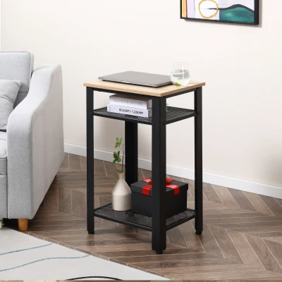 HOMCOM Mesa de Apoio Estilo Industrial com 2 Prateleiras de Grade de Metal e Pés Ajustáveis 45x35x75cm Carvalho e Branco