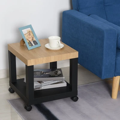 HOMCOM Mesa de Apoio para sofá mesa lateral com prateleira aberta Rodas 40x40x40 Preto e Madeira