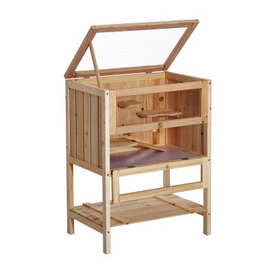 PawHut Gaiola de madeira para hamster com 5 plataformas, rampa dobrável, janela de plexiglass e prateleira inferior 60x40x80 cm