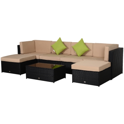 Outsunny Conjunto de Móveis de Jardim de Vime PE Conjunto de 7 Peças Mesa Sofás Bancos com Almofadas Laváveis Preto Areia e Verde
