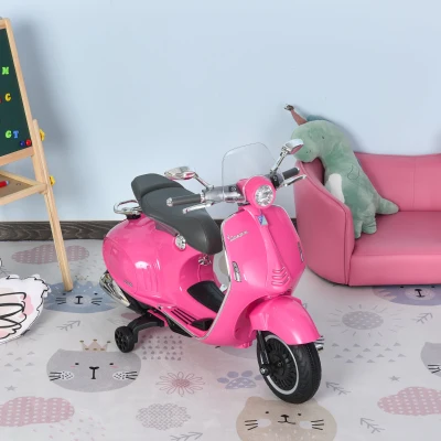 HOMCOM Mota Elétrica Vespa com Faróis Música 2 Rodas Auxiliares para Crianças acima de 3 Anos 108x49x75 cm Rosa