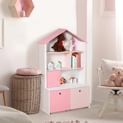 HOMCOM Estante de Madeira Infantil Estante de Livros para Crianças com 4 Compartimentos 1 Porta e 2 Gavetas Removíveis com Rodas para Livros Brinquedos 80x34x130cm Rosa e Branco