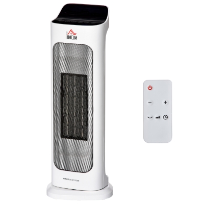 HOMCOM Aquecedor Cerâmico 1000W/2000W com Controle Remoto Tela LED 3 Modos de Vento Temporizador de 8H Termostato e Oscilação 42° para 25m² 17,6x13,7x50cm Branco